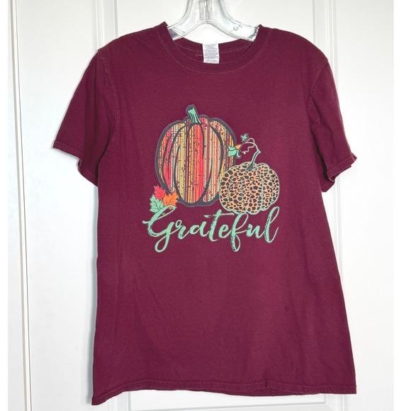 Grateful Pumpkin T-Shirt Gildan Softstyle Burgundy Fall Graphic Tee - Picture 1 of 5